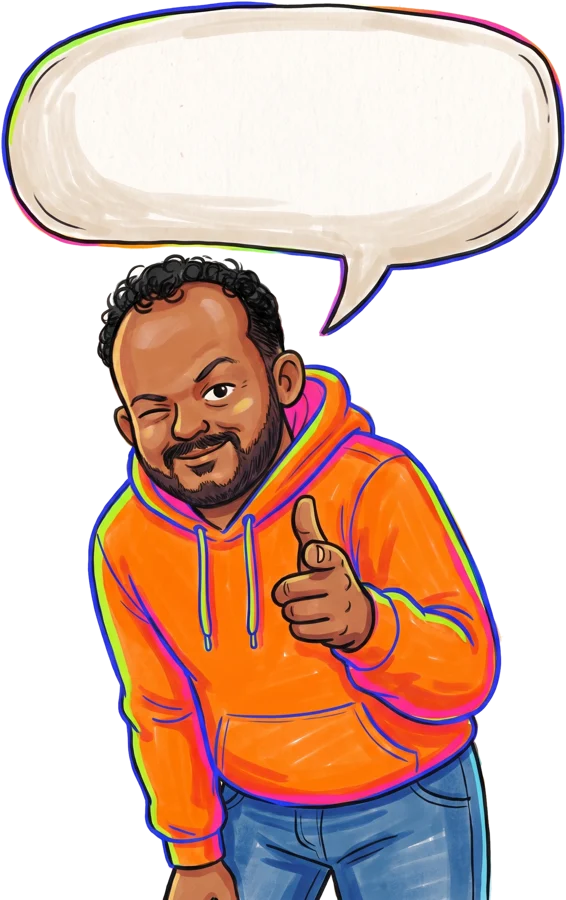 Illustrated Rohit pointing at you with a wink