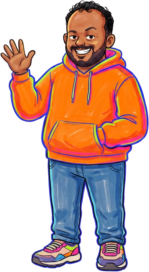 Illustrated Rohit in an orange hoodie, waving hello